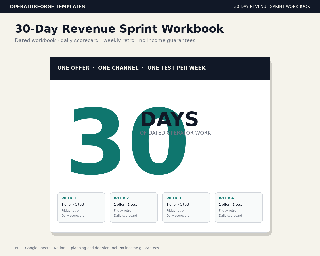 30-Day Revenue Sprint Workbook cover — one offer, one channel, one test per week, dated 4-week structure