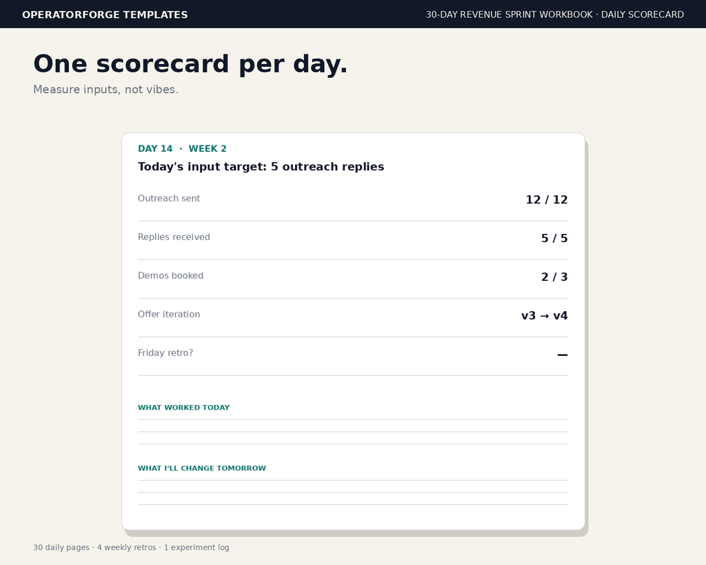 30-Day Revenue Sprint Workbook daily scorecard — input targets, outreach, replies, demos, offer iteration
